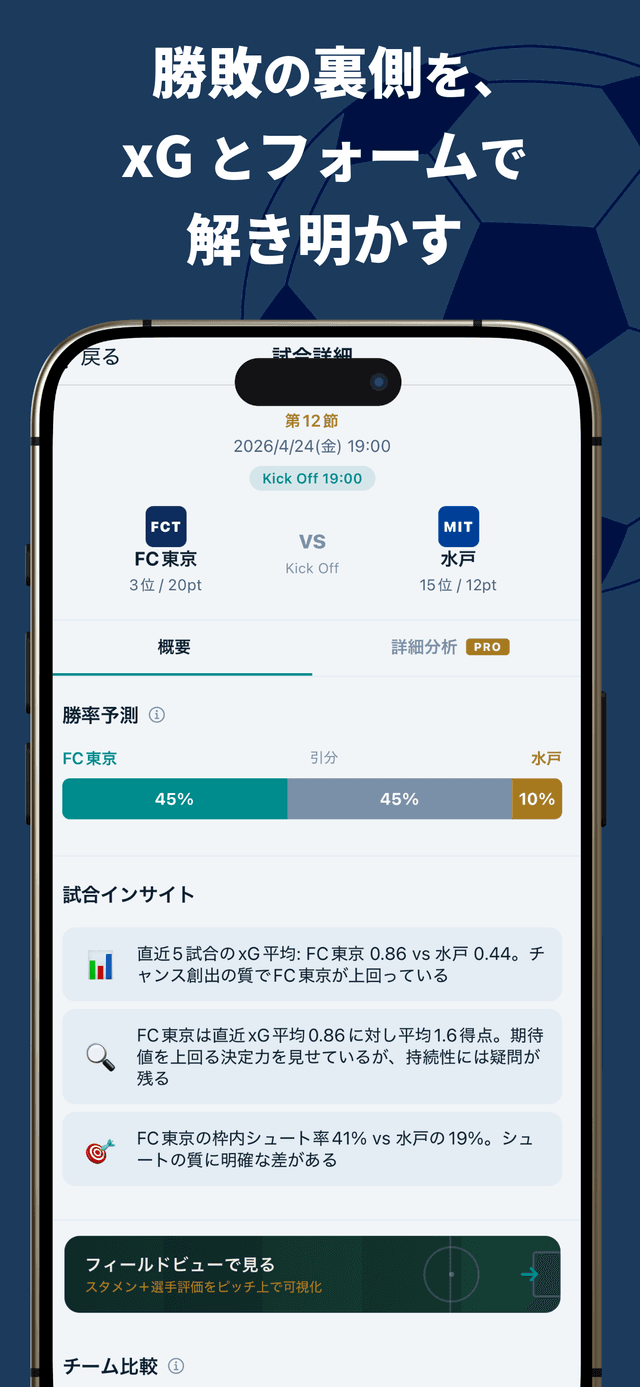 JPick アプリの試合詳細 — xG・フォーム・勝率予測でスコアの裏側を解析